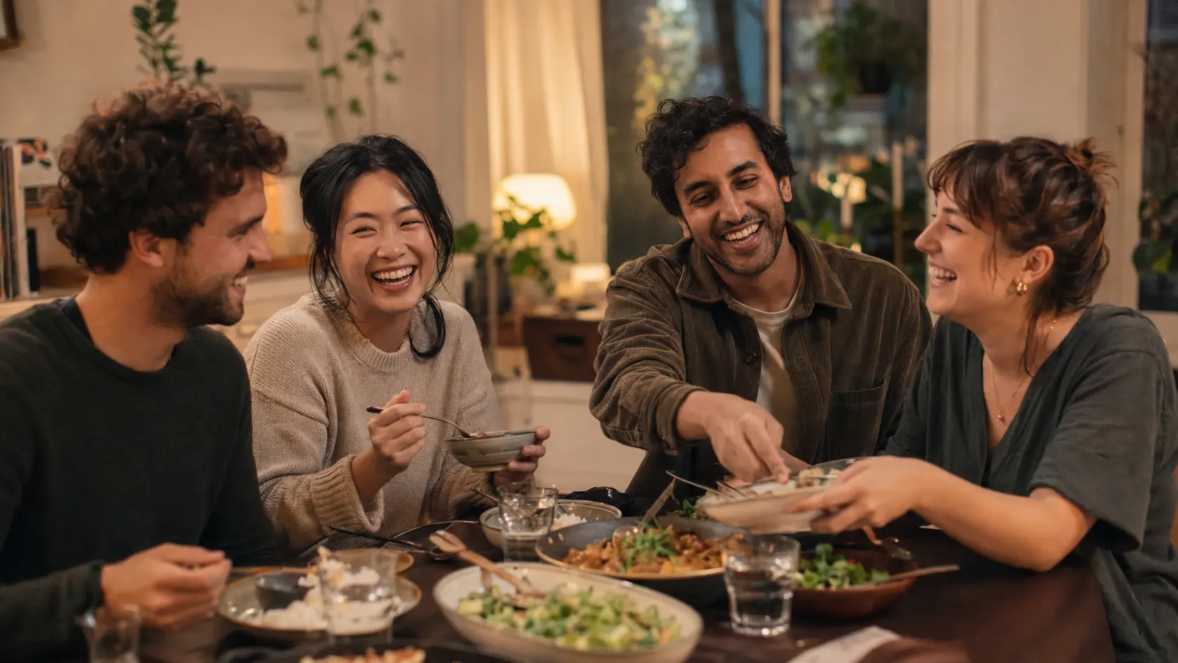 Friends talking over a shared dinner