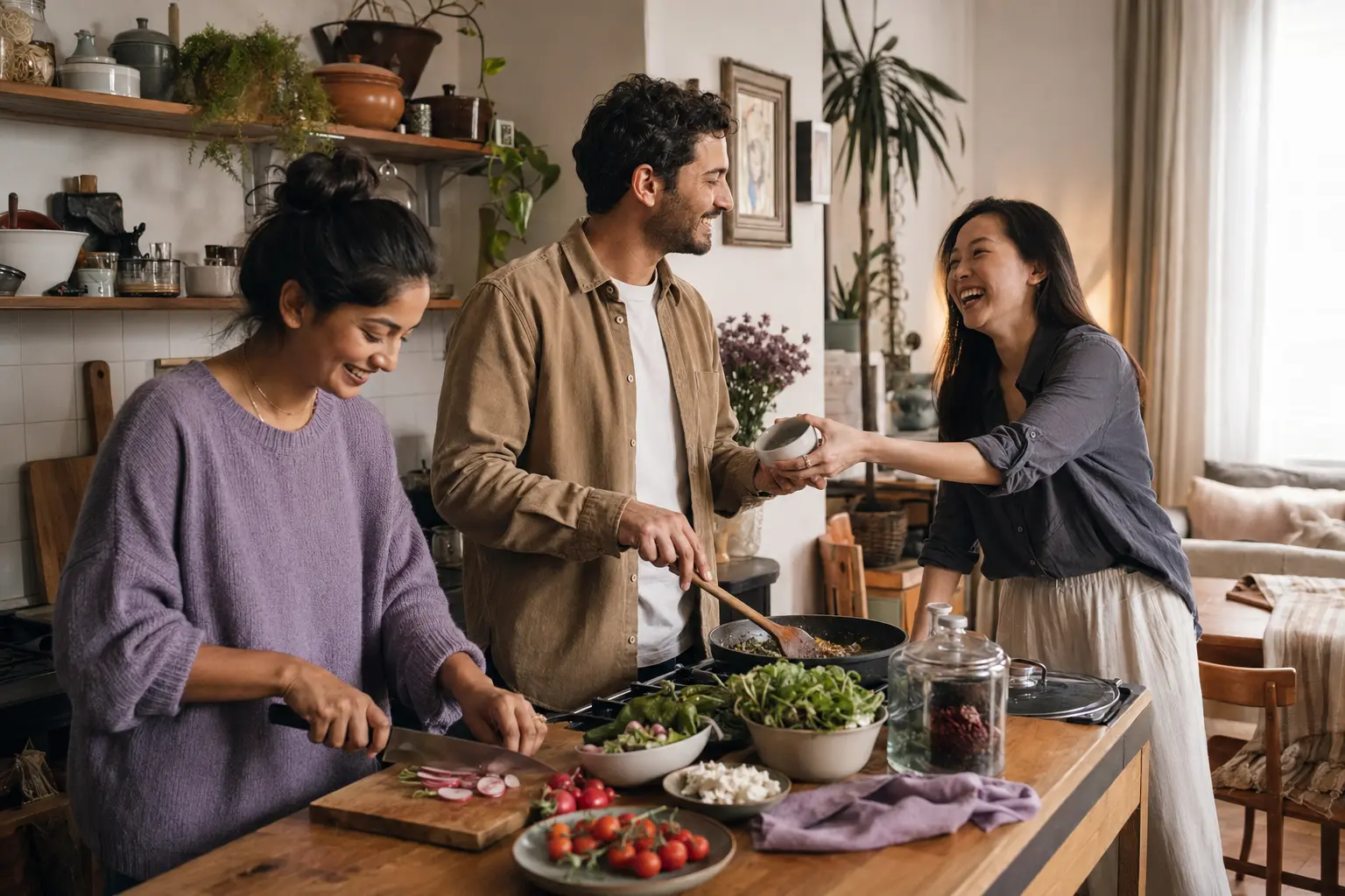 Friends preparing food together at home
