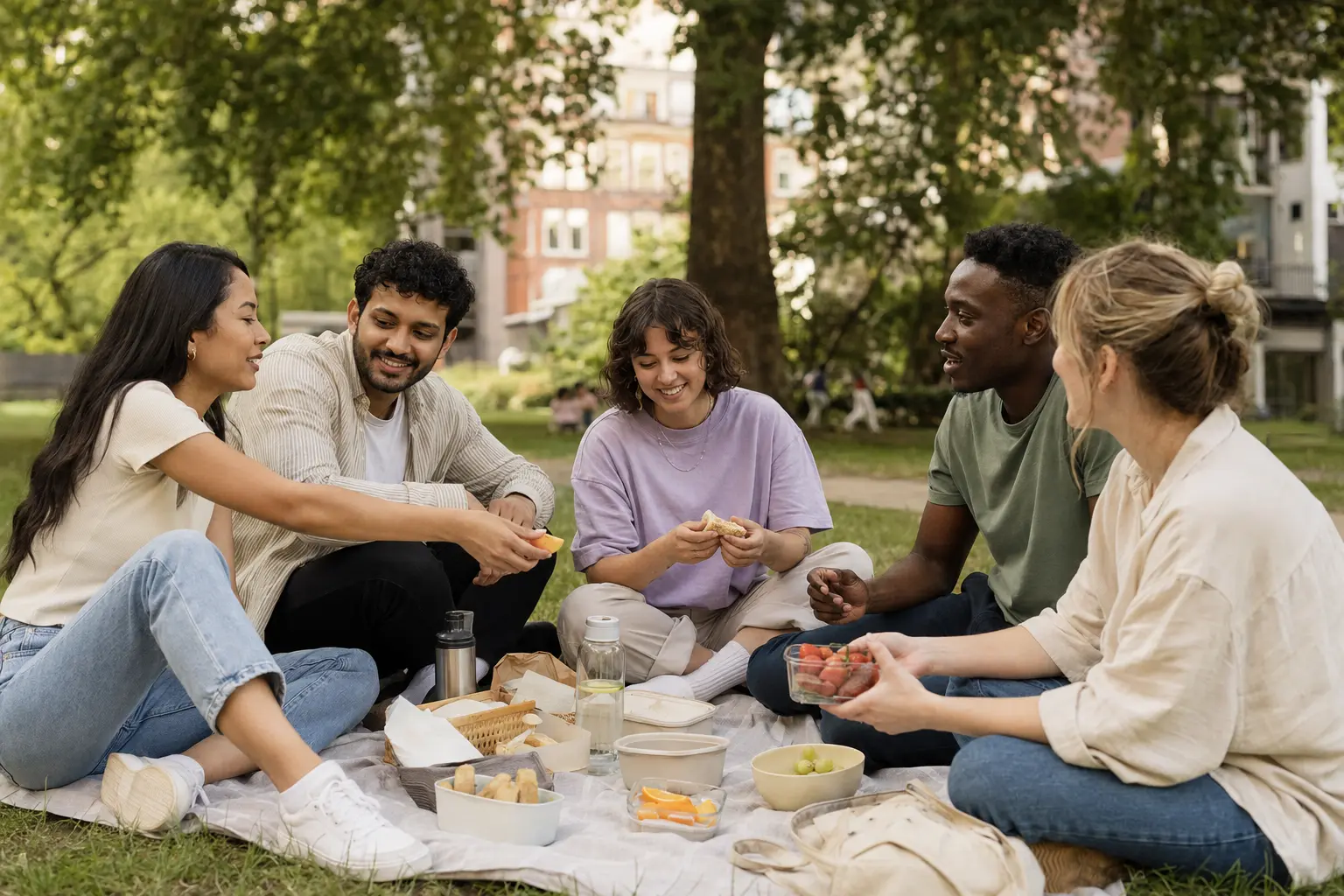 Friends sharing food and conversation in a park