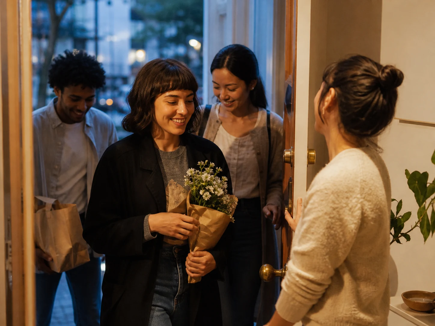 Friends arriving at a home with flowers and food for a gathering