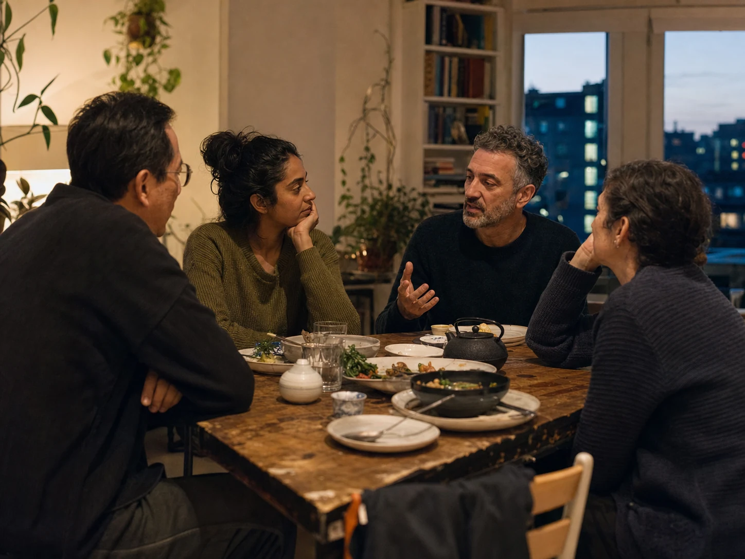 Friends sharing a meal and conversation at home